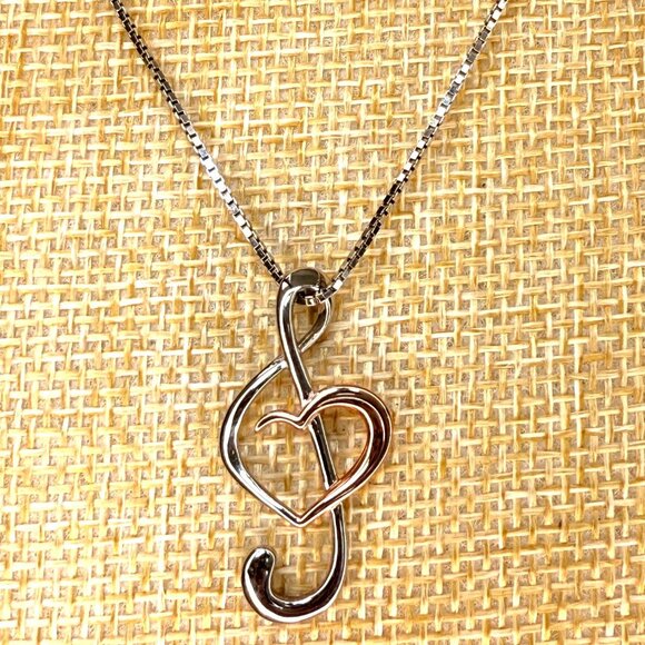 Treble Clef Sterling Silver & Rose Gold Plated Treble Clef Heart Necklace - Picture 1 of 10